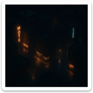 Realistic top-down view of a night city, all in shadow, only establishments glowing, dark and moody, cinematic style, more cinematic sticker