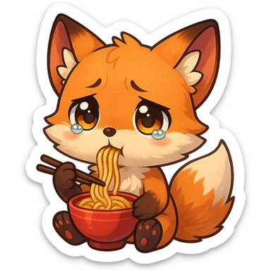 chibi anime style fox character, eating noodles, looking sad, cute, colorful, detailed sticker