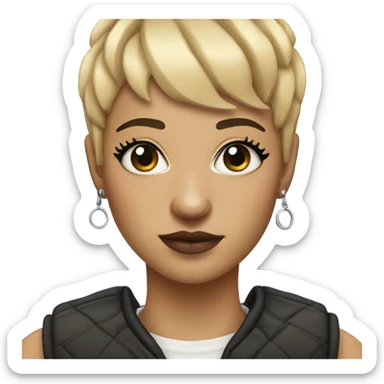 Woman with short blonde hair with micro bangs, and a nostril piercing, and a septum piercing sticker