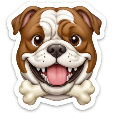 Brown brindle English bulldog with silly teeth and white stripe on face make him have a bone in his mouth sticker