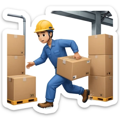 Animación educativa sobre un accidente laboral en un entorno industrial. Un trabajador de fábrica, con casco pero sin otros elementos de protección personal, resbala en un piso mojado y cae al suelo mientras transporta una caja. sticker