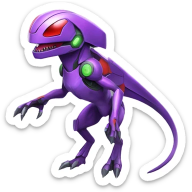a shiny purple-green-red Genesect-Raptor-Fakémon—hybrid with a futuristic visor-helmet full body sticker