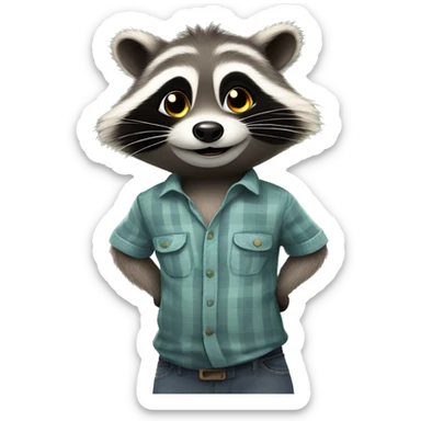 Happy Racoon in a shirt stands in full growth, stares up and thinks about difficult question sticker