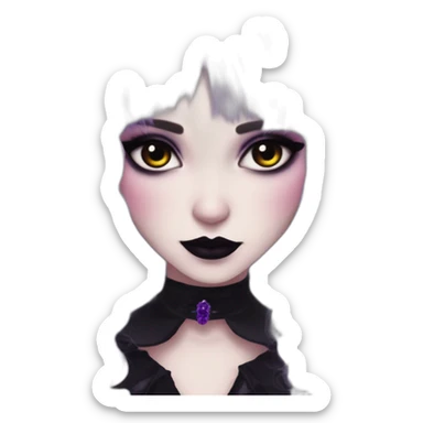 Elissabat-with-bangs-long-hair-dark-purple-and-black-vampire-goth-makeup-pinkeyes-romanticgothcloses sticker