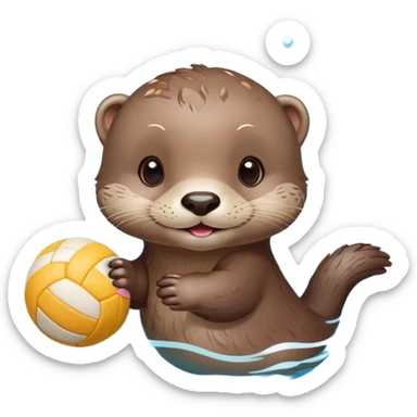 super cute baby otter with a tiny colorful flower on its head, gentle expression and soft rounded eyebrows, floating on clearly visible blue water with waves, baby otter with big sweet eyes holding a volleyball with both small paws above water sticker