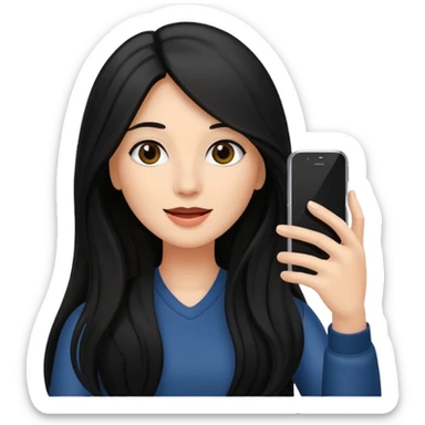 black long haired woman holding her phone having selfie sticker