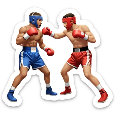 An icon showing two professional boxers in the middle of an intense fight in the ring. They are wearing gloves and protective gear, with one boxer throwing a punch while the other dodges. The background features bright lights, a cheering crowd, and the ropes of the boxing ring. sticker