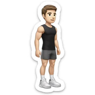 Pale skinned Fit Man With the biceps and dark brown hair in black shirt, gray sports shorts and white Sneakers Relies on the crossbar sticker