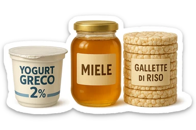 Yogurt Greco 2%
Miele
Gallette di Riso
vista frontale, iperrealistico 4k sticker