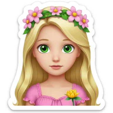 Girl profile picture with long blonde hair and green eyes and a flower in her hair. and a pink outfit sticker