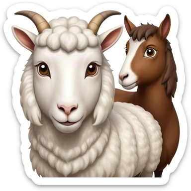 Portrait collage of domestic hooved animals: A calm goat with soft fur, a fluffy sheep with large eyes, and a noble horse with a shiny coat. Soft green meadow and distant hills in the background. Transparent background. sticker