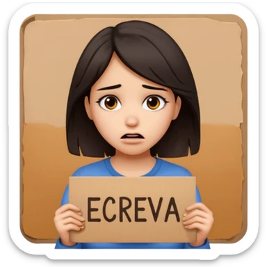 Sad realistic emoji of a young woman with messy hair, holding a cardboard sign that says "ESCREVA-SE", emotional begging expression, cinematic lighting, shallow depth of field, soft blurred background, high detail, viral social media style sticker