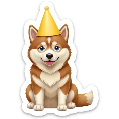 red siberian husky with blue eyes, sitting, wearing a yellow party hat sticker