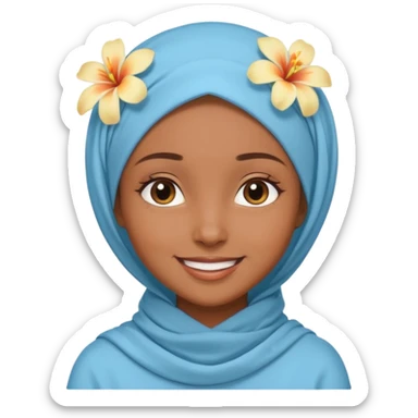 brown-skinned girl with a light blue hijab and a small tropical flower on her head, looking happy sticker