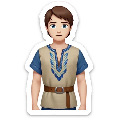 Medieval spring outfit worn by a DnD themed fantasy male character. Light olive linen tunic with hand-stitched geometric patterns at the neckline, secured with a leather cord belt. Clothes only above the waist, full waist coverage. The character has no arms. Character is white-skinned with mahogany brown hair, deep blue eyes, and short straight hair with feathered edges. sticker