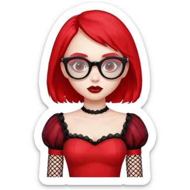 Ghoulia yelps monster high doll in scene/emo style cherry dress with fishnet sleeves, clothes, thin, small, red, rectangle glasses sticker