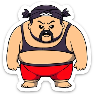 Close-up of morbidly obese white skin guy with young face, prominent BLACK DURAG tied clearly on head, distinct black beard and mustache, no muscle, black eyes in a red and black wrestling singlet with angry face sticker