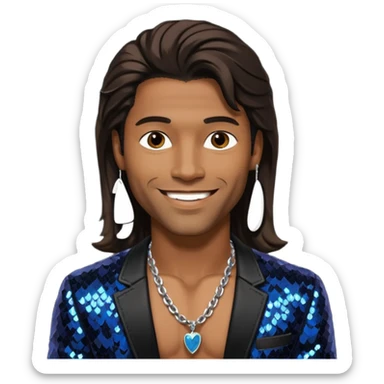 Eric Benét with long dark brown hair, black sequin jacket, shirtless with necklace sticker