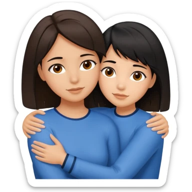 a brown-eyed brunette hugs a brown-eyed girl with a bob and black hair, and the strands are blue sticker