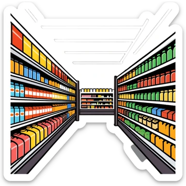 inside large grocery store with aisles full of products sticker
