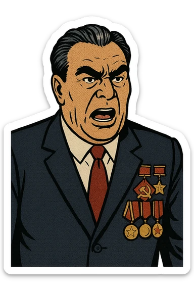 Soviet leader brezhnev wearing a suit with communist military medals looking angered  sticker