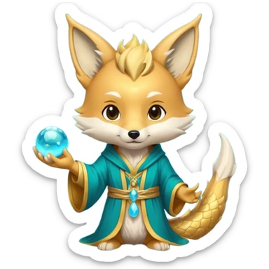 Chibi teal fox with gold mark on forehead, teal-gold robe, holding glowing blue water orbs, with a dragon tail on its backside with small antler horns on its head sticker