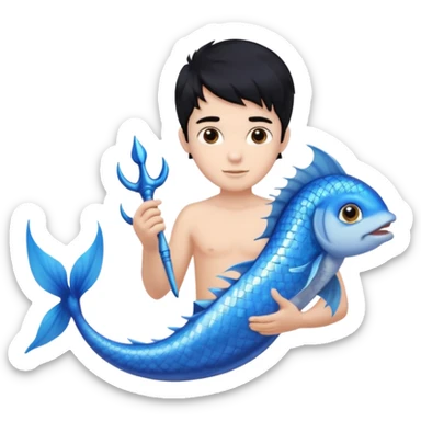 boy, black hair, brown eyes, white skin, Triton, with Triton in hand, blue Triton tail and blue triton fish ears sticker