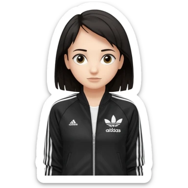 A girl with  medium length, dark hair, fair skin. The style is a soft, layered cut that falls around her shoulders. wore black Adidas track jacket with white stripes on the sleeves. It has a full zipper down the front, a stand-up collar, and the Adidas logo on the right chest emoji sticker