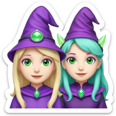 Make a blonde girl with green glowing headset on with teal eyes and a purple haired girl with green eyes waering a purple wit hes hat haveing fun , make them a chibi emoji page sticker