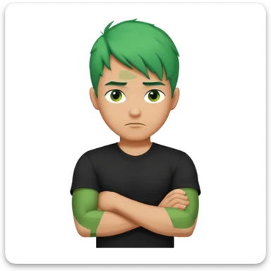 a man with his arms crossed over his chest, green hair, and serious eyes sticker