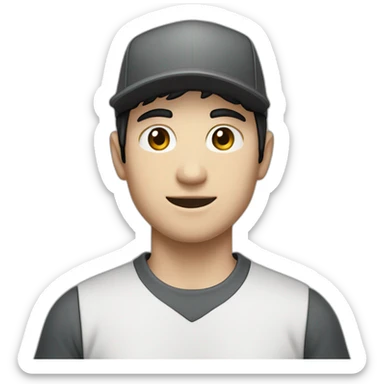 Pale skinned Man with black hair in a white cap and dark gray polo T-shirt with a box into his hands sticker