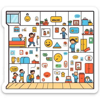 wall of jokes, a cartoonish sticker style scene showing a wall covered with various humorous illustrations and jokes sticker