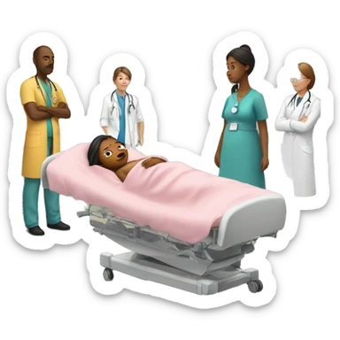 a woman gives birth and doctors stand nearby sticker