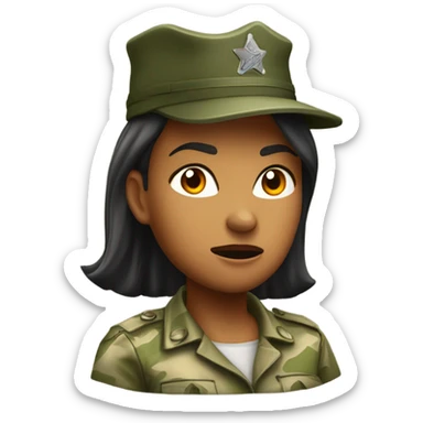 a female drill sergeant showing full torso wearing a classic sergeant hat and a camouflage army shirt. The character should have an angry intense expression.  sticker