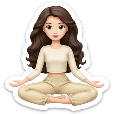 A white Barbie girl with long dark brown wave hair in a cream clothes Sitting on the splits sticker