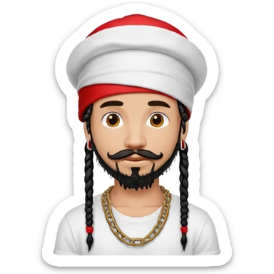 a beautiful male with black dreads, moustache and goatee, white t-shirt, red hat, chain around neck sticker