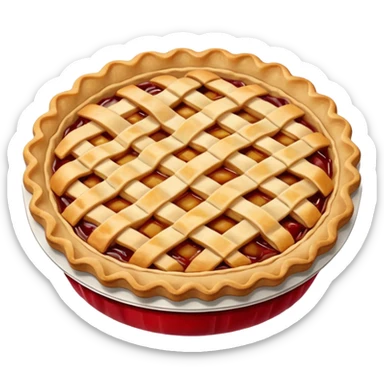 A highly detailed, photorealistic 3D render of a small, individual apple pie, with a golden-brown lattice crust. The filling is a rich, glistening red-amber, bubbling slightly.  sticker
