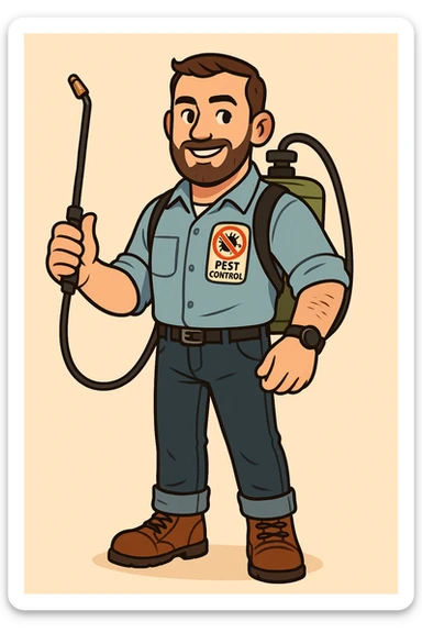 A friendly male pest control technician with short beard and short hair, wearing a light blue uniform shirt with rolled-up sleeves, dark jeans, brown boots, and a black wristwatch. He has a patch on his chest with a colorful anti-pest logo (insects crossed out) and the words 'PEST CONTROL'. He carries a green fumigation tank on his back with a black hose and holds the spray wand in one hand. He has a confident and approachable expression. The illustration should use bold outlines, warm colors, and clean, flat shading style. The background should be simple or light beige, in a flat toon style. sticker
