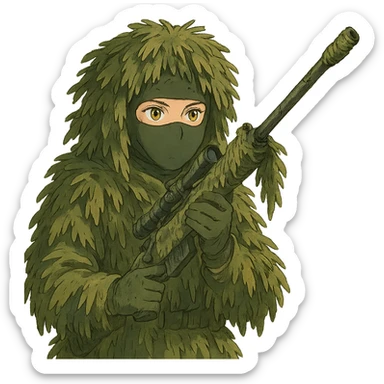 1 female, gold yellow eyes, face covered green balaclava, full military ghillie sniper camouflage, rifle up, camouflaged rifle wrap sticker