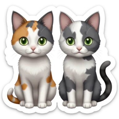 3 different coloured small cats including a dark grey and white, and a patchy calico with hazel eyes and a completely solid dark grey with green eyes and only white paws sticker