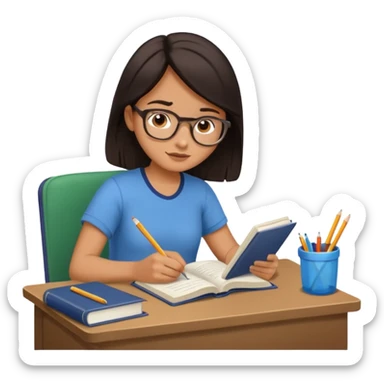 A student with dark hair is reading a book and taking notes in a notebook. There are also papers and textbooks on the table. sticker