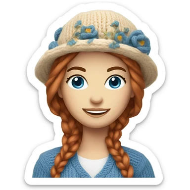 beautiful finnish auburn hair woman with blue eyes knitting floral hat sticker