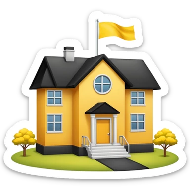 simple school, white background, magic school, black roof, with a big flag, big flag on a roof, big yellow flag, white school sticker