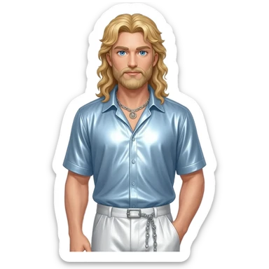 Zeus from Greek Mythology with blue eyes, long blonde hair, light steel blue metallic shirt, white metallic baggy pants, silver necklace sticker