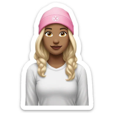 white raced, blonde hair with middle part, girl, long sleeve white lululemon shirt,  grey sweat pants, and a pink santa hat sticker