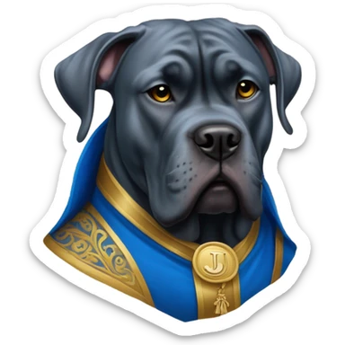 Blue Cane Corso in a blue and gold colored as a clergyman with monogrammed J on his cloak. sticker