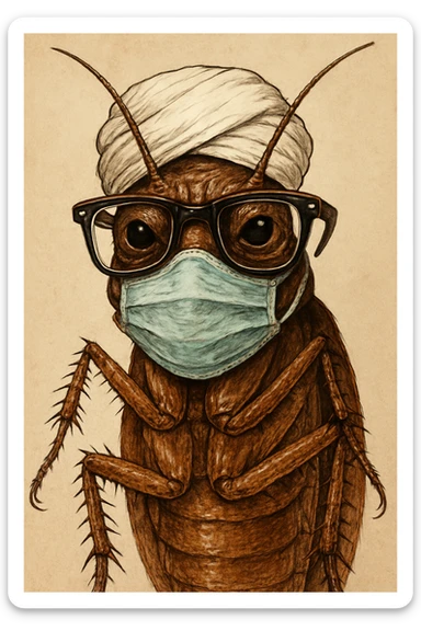 cockroach wearing a white turban, a facemask, and nerd glasses, detailed and expressive sticker