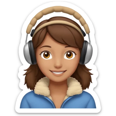 A girl wearing beige ear muffs, tan skin, brown hair, brown eyes smiling sticker