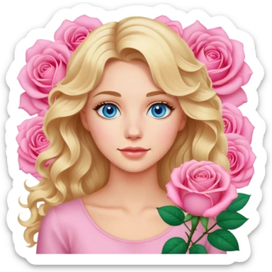 Blonde blue eyed women with wavy hair pink rose background sticker