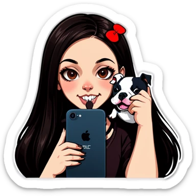 Slightly overweight beautiful girl with choppy long dark hair with her nose piercing and her black iPhone with her her pet pit bull girl with an underbite layed next to her sticker